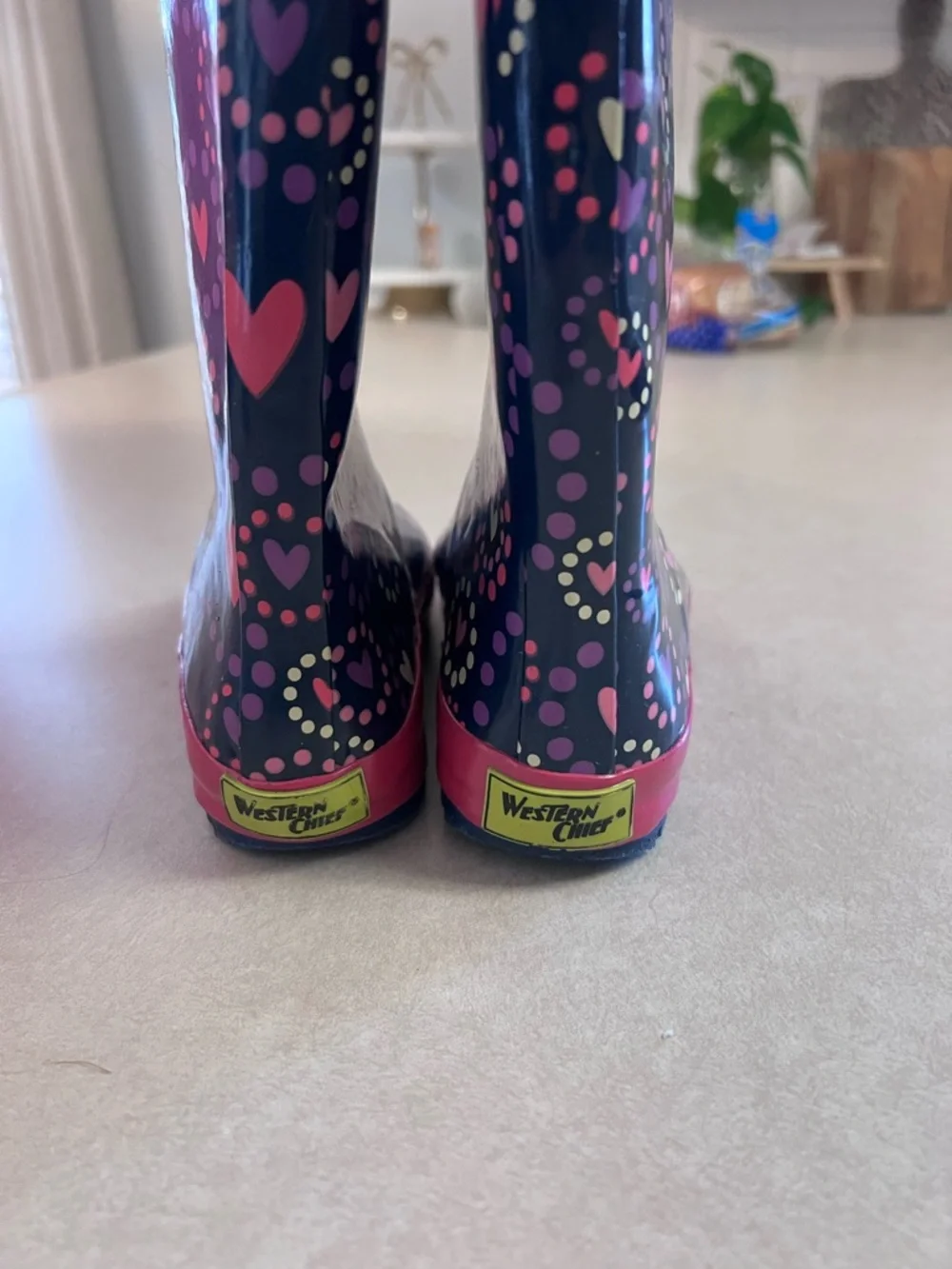 Western Chief Kids Navy Rain Boots with Pink Heart Pattern